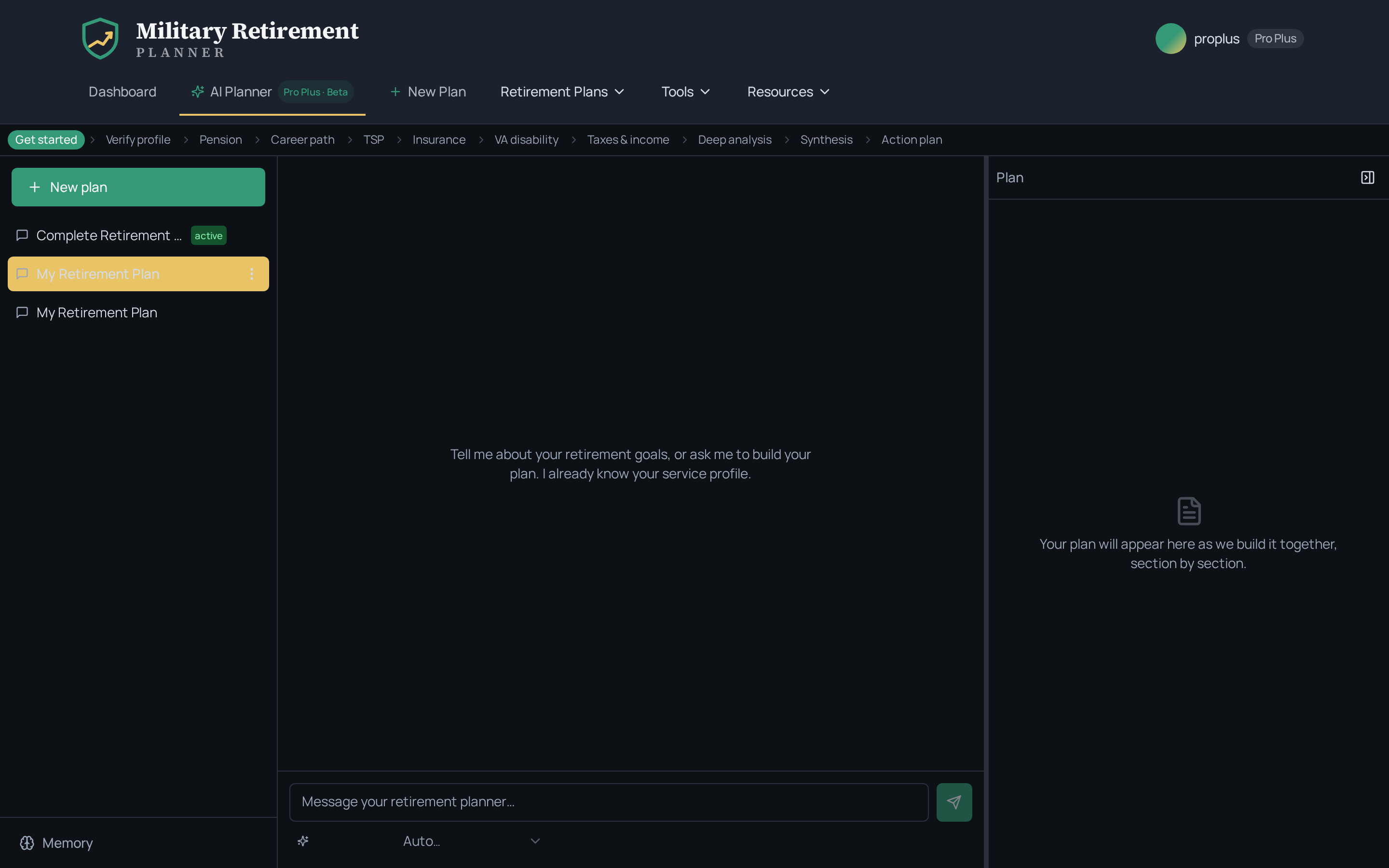 AI-built retirement plan with pension, taxes, and benefits sections