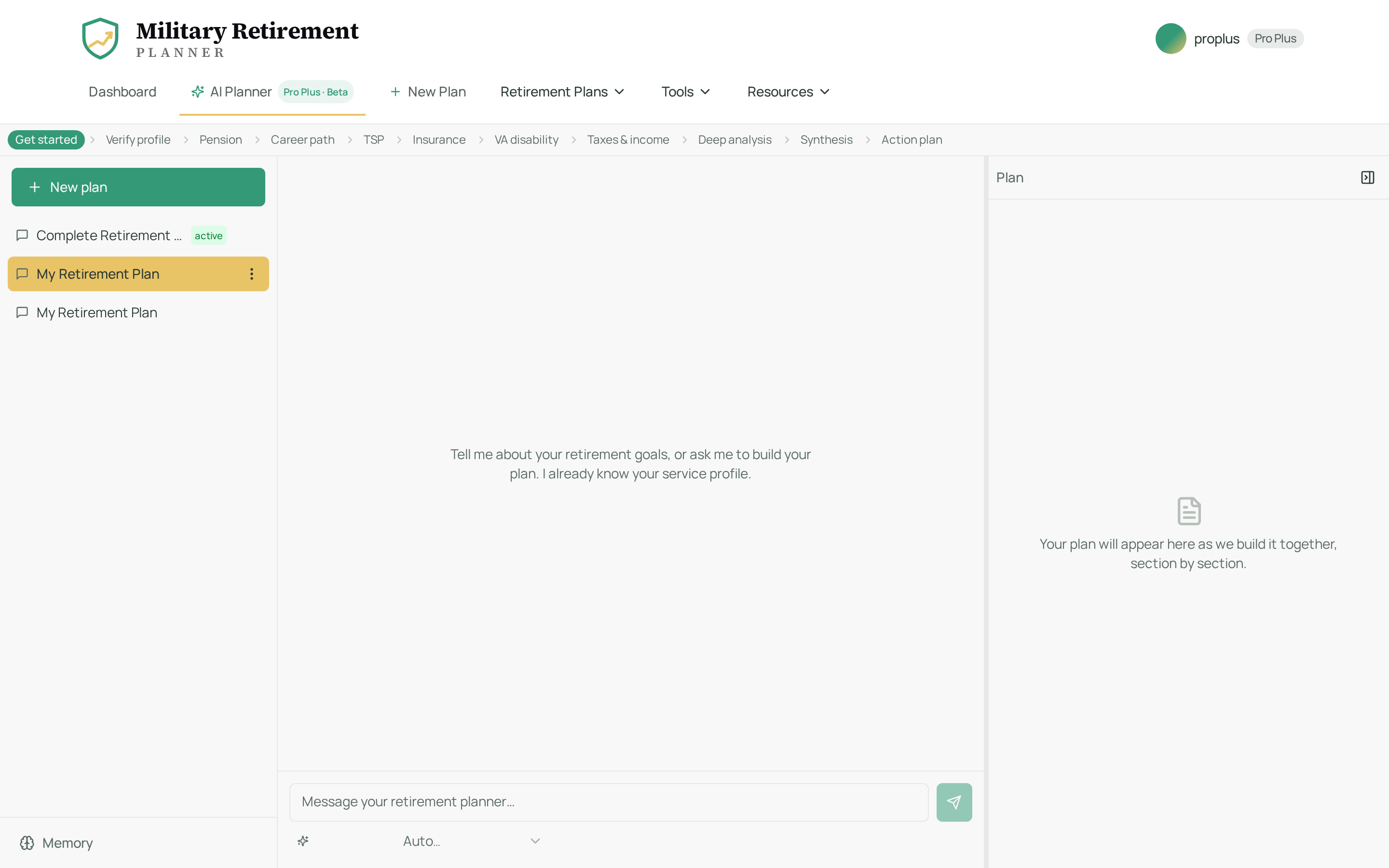 AI-built retirement plan with pension, taxes, and benefits sections